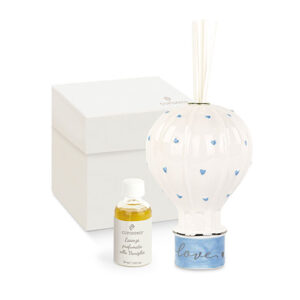 Diffusore mongolfiera-azzurro-completa di scatola-h.13 cm-cupido