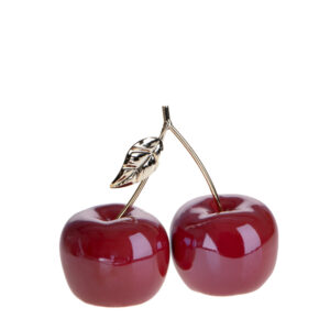 Ciliegie-ceramica con gambo e foglia oro metal-20,5x9,5x18,5 cm-brandani