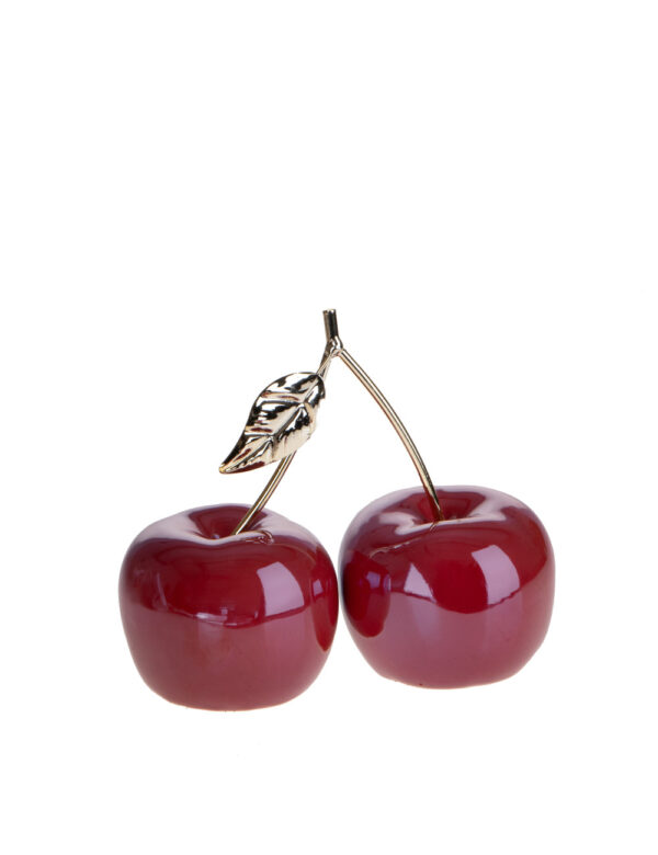 Ciliegie-ceramica con gambo e foglia oro metal-20,5x9,5x18,5 cm-brandani